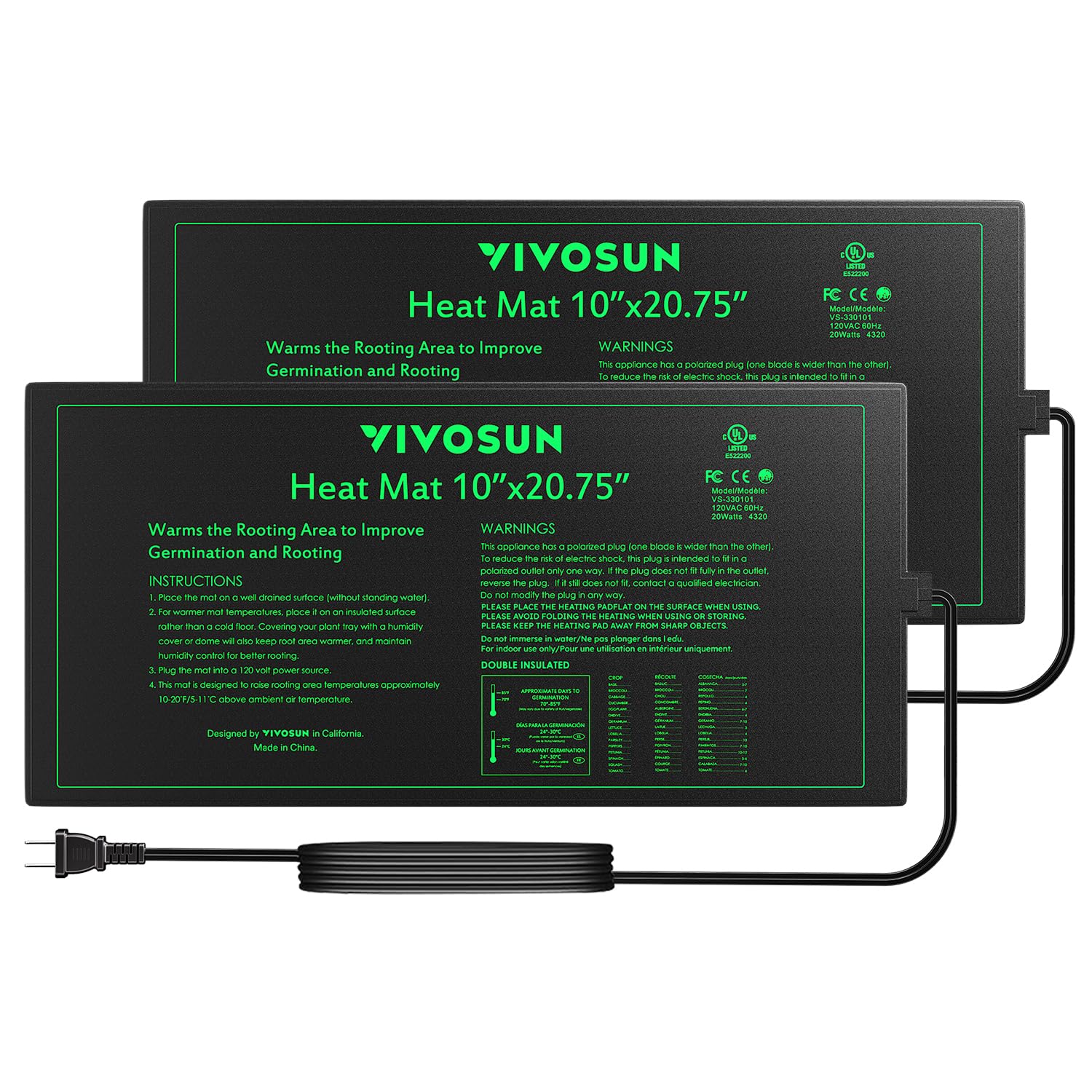 Photo 1 of VIVOSUN 2 Pack Durable Waterproof Seedling Heat Mat 10" x 20.75" UL & MET-Certified Warm Hydroponic Heating Pad for Germination, Indoor Gardening, Greenhouse
