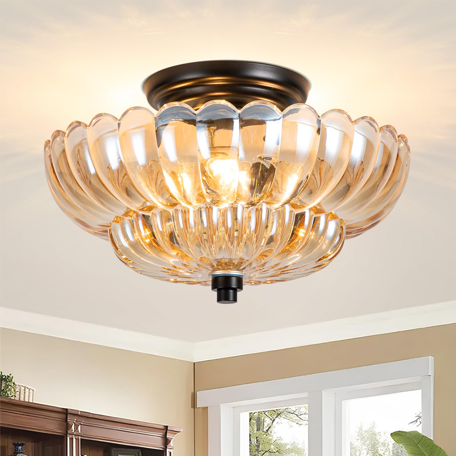 Photo 1 of JERANDO Semi Flush Mount Ceiling Light, Modern Ceiling Light Fixture with Amber Glass, Vintage Indoor E26 Kitchen Lighting for Closet, Porch, Corridor, Hallway, Bedroom