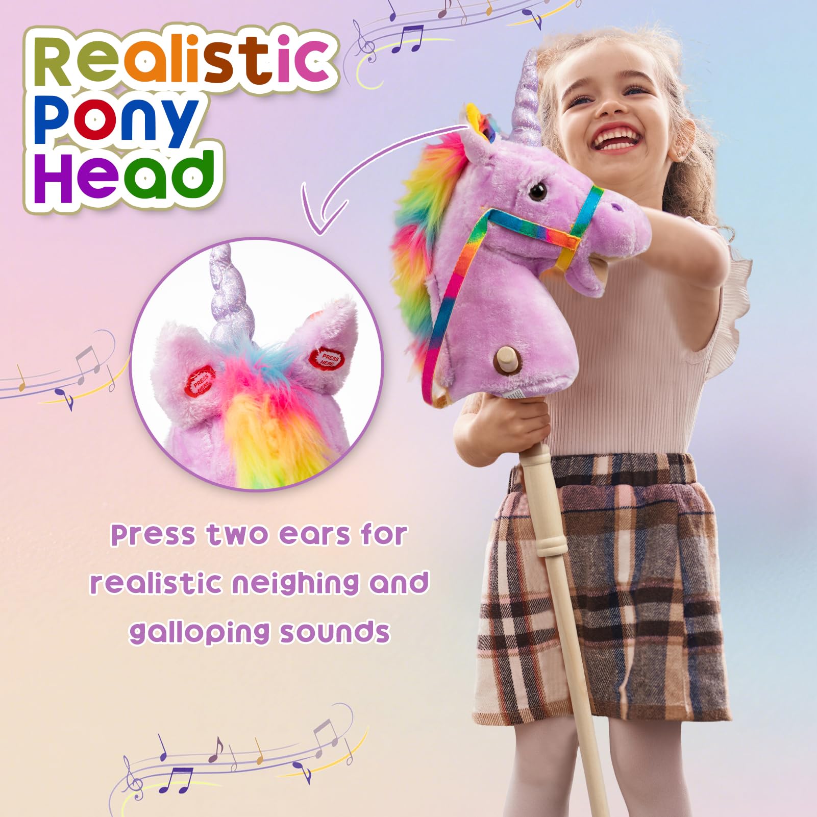 HollyHOME Unicorn Stick Horse Handcrafted Hobby Horse on a Stick with Wood Wheels Real Pony Neighing and Galloping Sounds Plush Unicorn Toy Purple 36 Inches(AA Batteries Required)