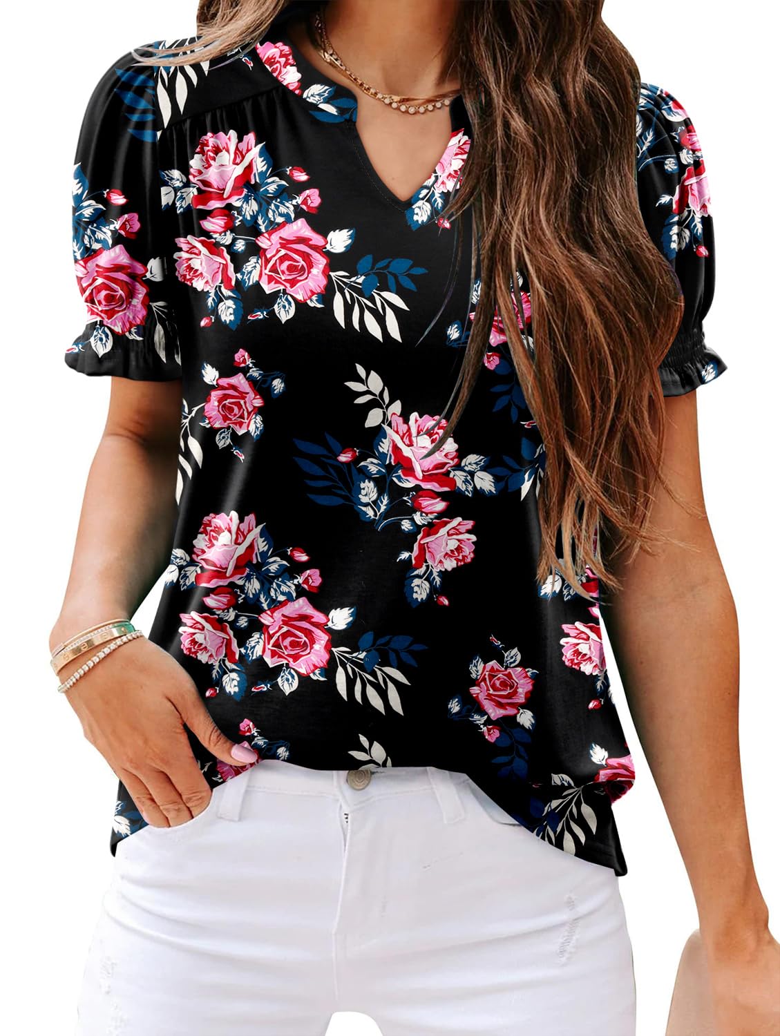 Photo 1 of 2025 Women's V Neck Floral Print Ruffle Short Sleeve Casual Tee Tops Rose Madder Medium