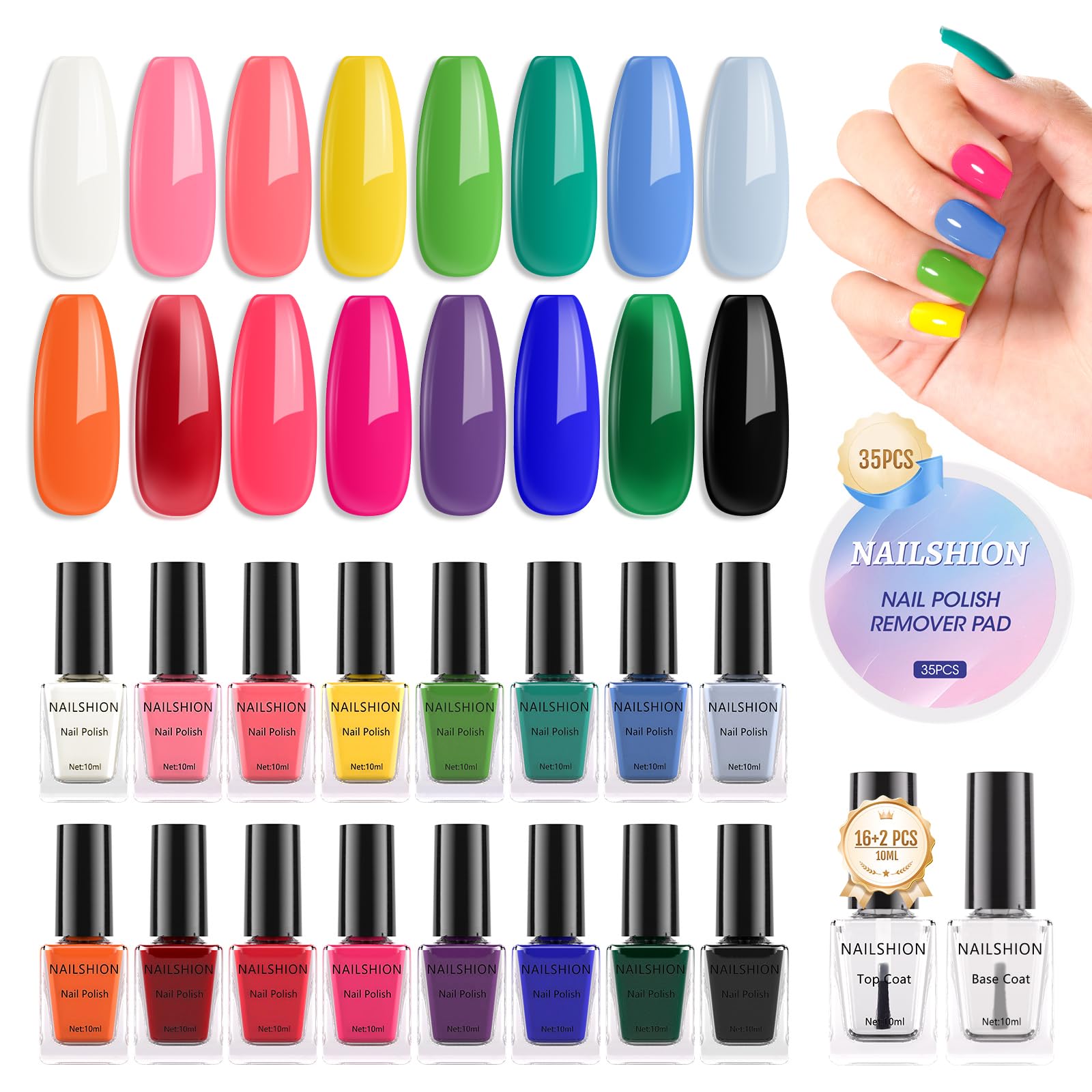 Photo 1 of Nailshion Nail Polish 16 Colors Rainbow Air Dry Regular Nail Polish Set with Base Top Coat & Remover Pads| White Red Classic French Fingernail Polishes Non-gel Bulk Gift for Nail Art Lovers