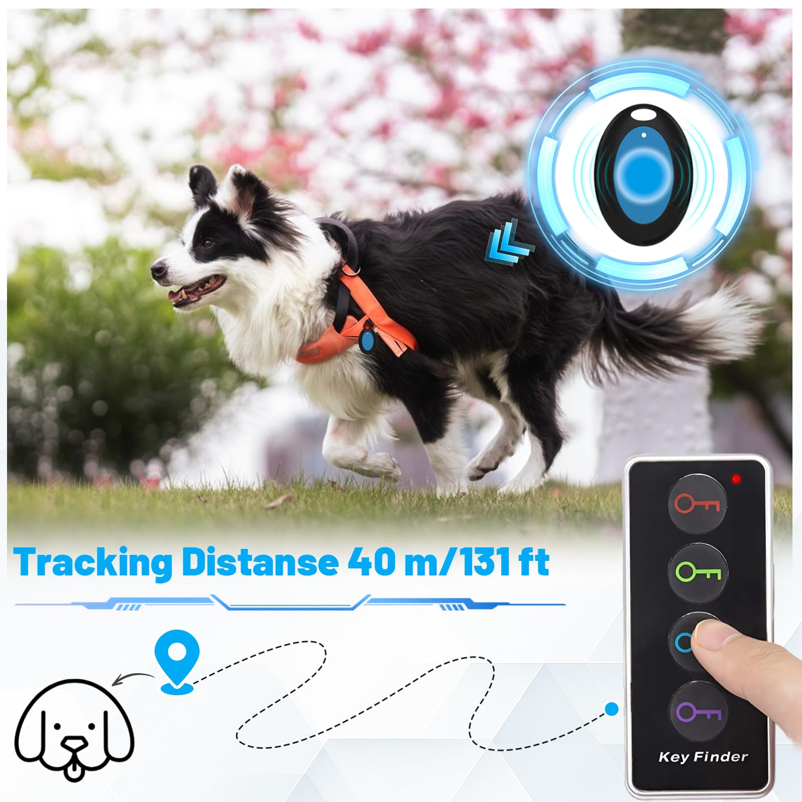 Schlüsselfinder Funk mit 80 dB+ Signalton & LED-Licht, 40 m Reichweite, ohne App, 1 Sender & 4 Empfänger, RF Locator für Schlüssel, Fernbedienung, Geldbörse, Tasche, Haustier und Brille 6