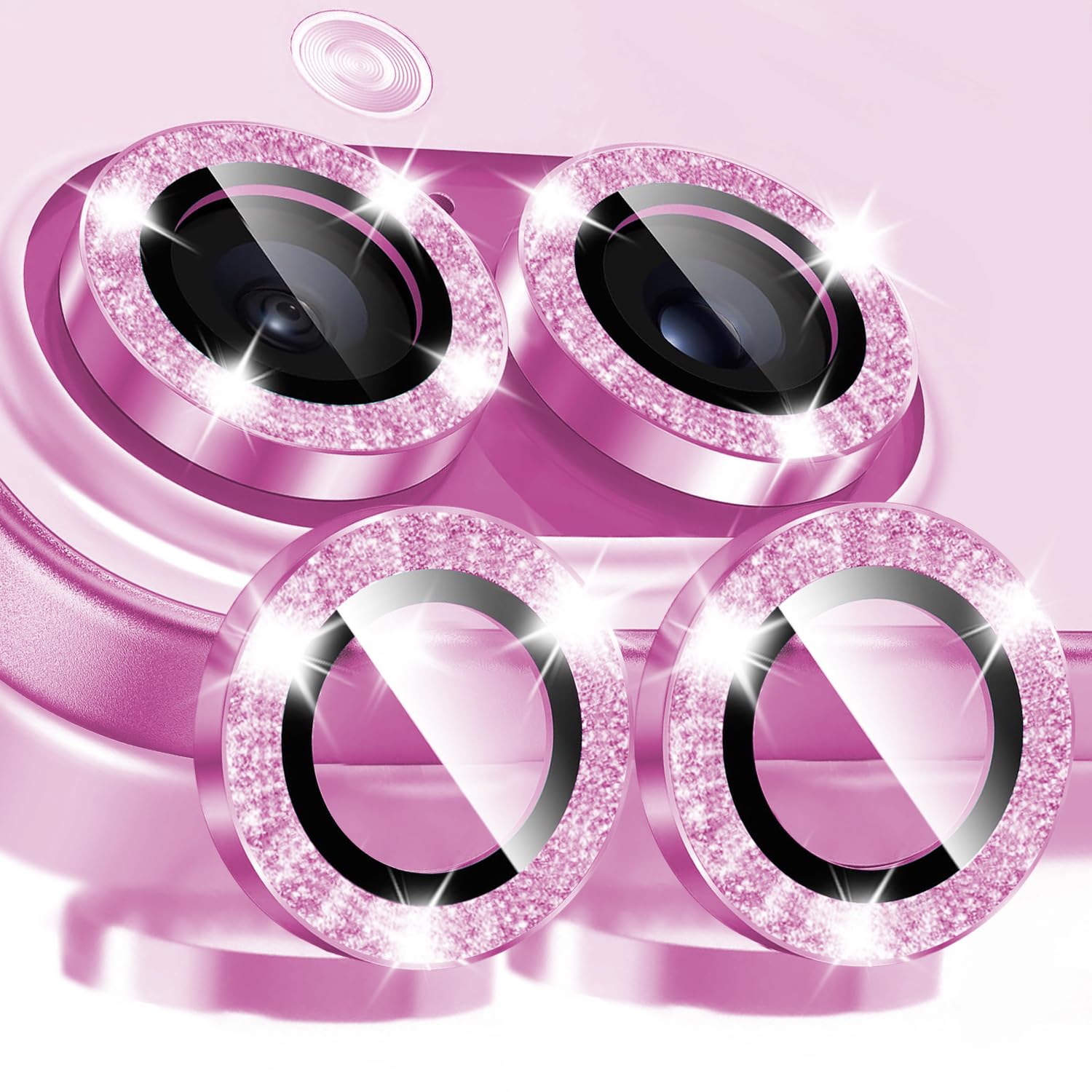 KEKBOXQ 2X2 Pack Glitter Camera Lens Protector for iPhone 16,iPhone 16 Plus Tempered Glass Lens Screen Protector Bling Camera Cover Metal Individual Ring Women for iPhone16/ 16Plus,Glitter Pink