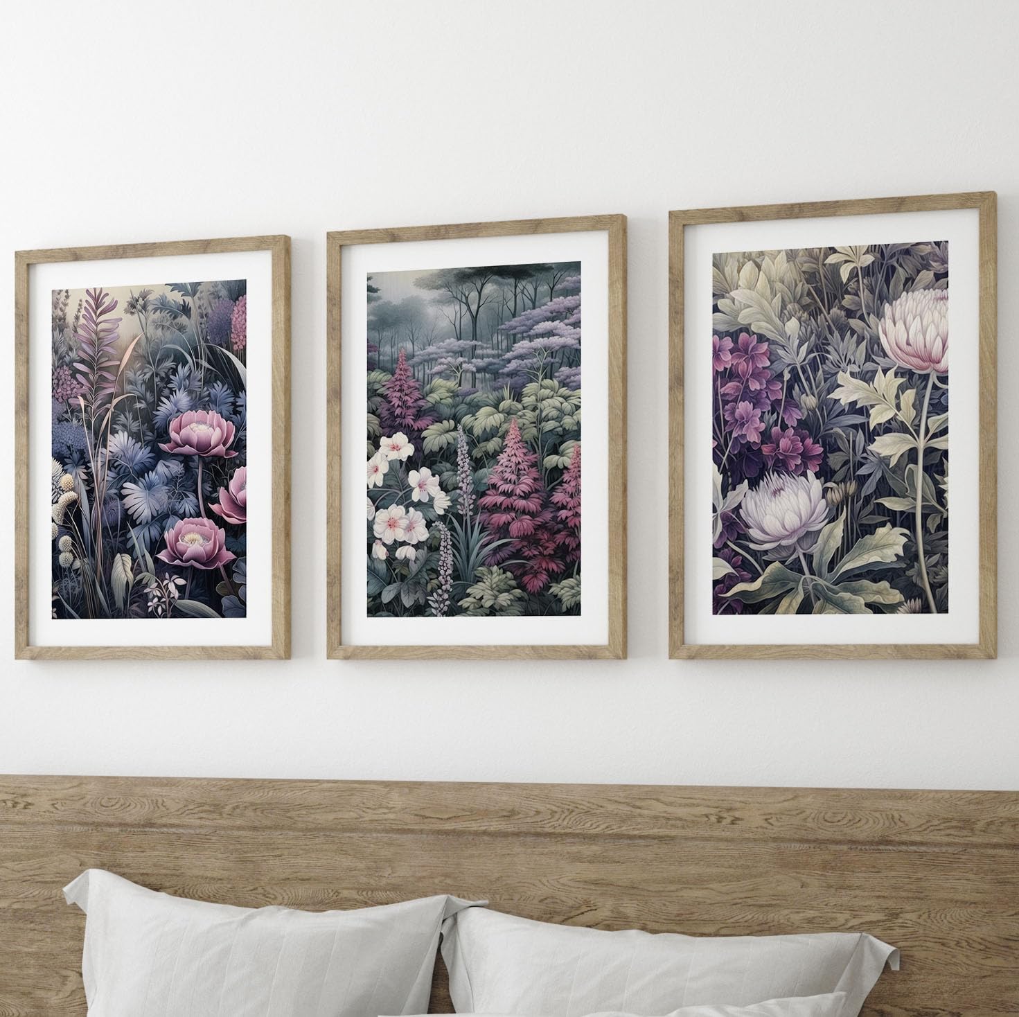 Purple Japanese Botanicals Wall Art Set of 3 Unframed Poster Prints, Tropical Plant Decor, Living Room Bedroom Poster Home Decor, Chrysanthemum Lotus Japanese Apricot Flowers, Purple Green (A3) — image 1