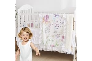 Brandream Wildflower Butterfly Crib Bedding Sets for Girls Farmhouse Baby Nursery Bedding Blanket Set Romantic Purple White, 