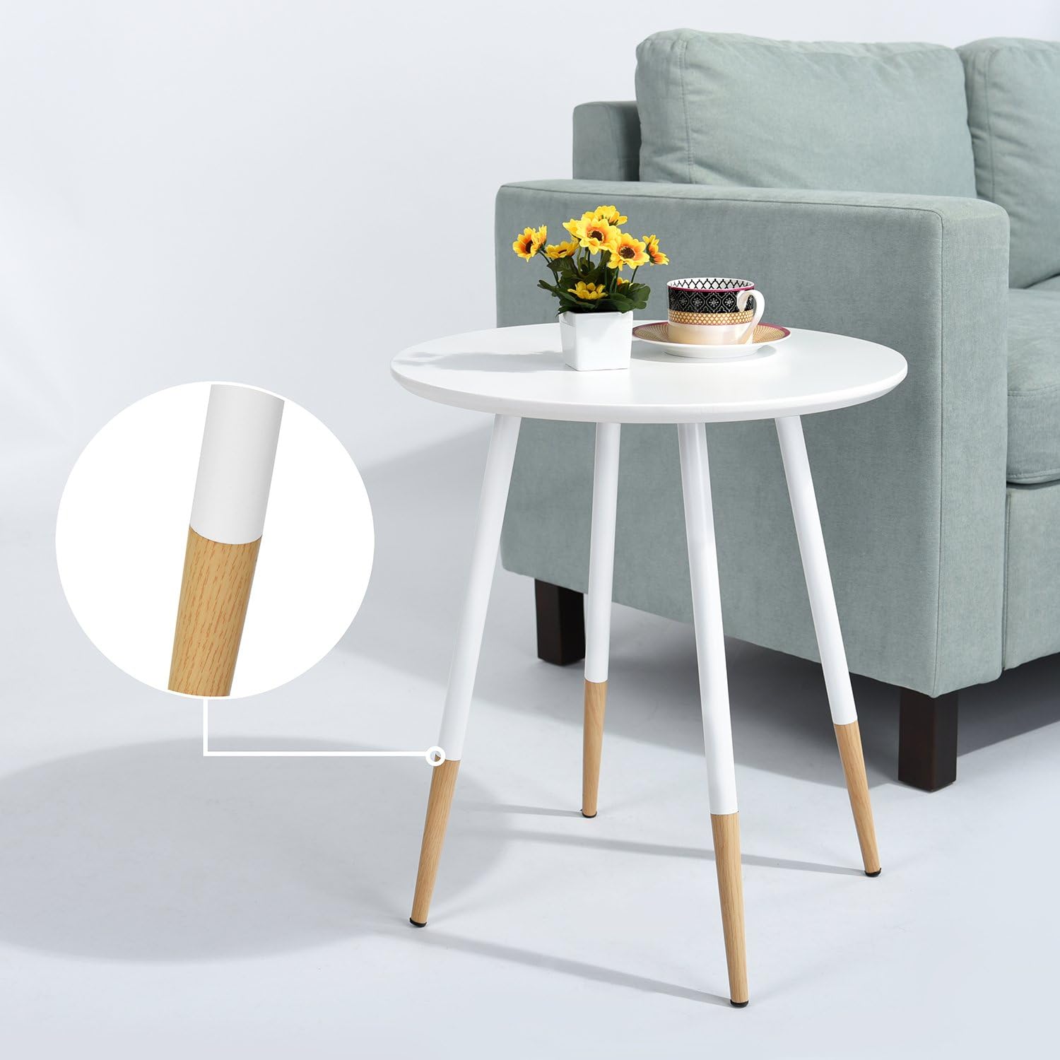 Table Coffee Side Table Small Table Round for Bedroom &Living Room Pine Wood Table Surface and Metal Legs End Tables for Plants Magazines Coffee Saucer