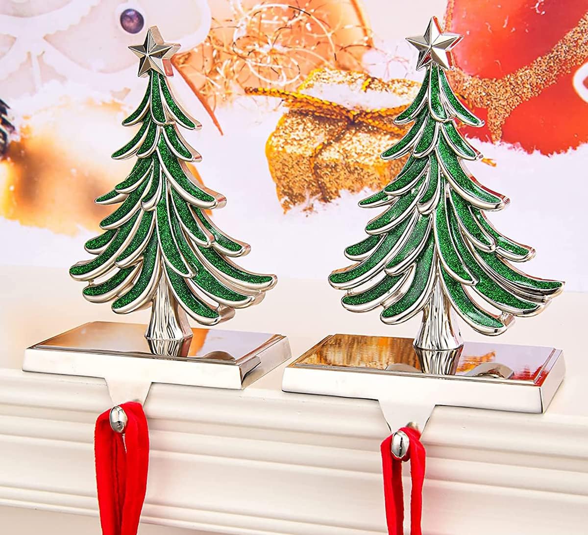 Ornament Hooks - WENFOME Christmas Tree Stocking Holders for Mantle Set of 2, Xmas Stocking Hangers for Fireplace Stocking Hooks Holiday Mantel Garland Clips Metal Grips for Christmas Decor