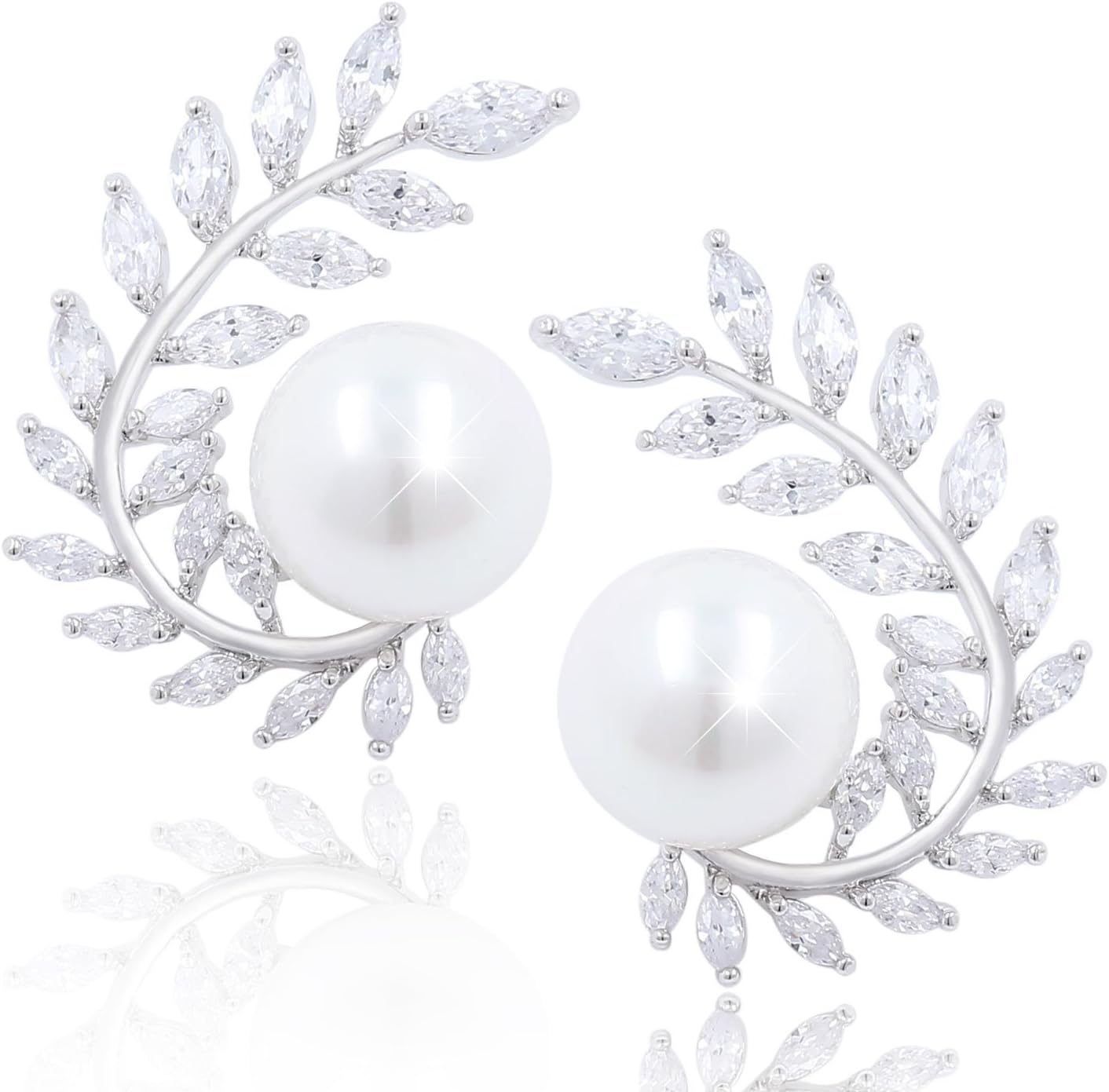 Olive Leaf CZ Stud Crawler Earrings Shell Pearl 925 Sterling Silver Posts Bride Gift Wrapped with 14K Gold Plated for Women Girls Teens (White Gold)