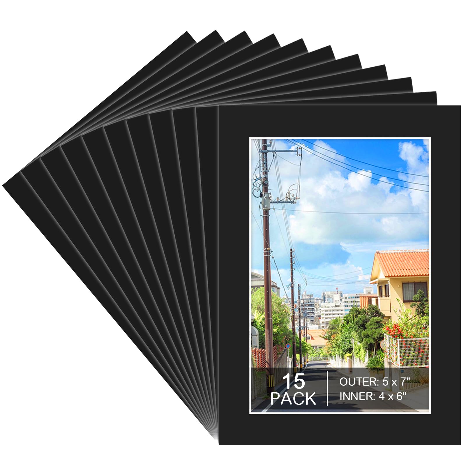 Photo 1 of Prudiut 15 Pack 5x7 Black Picture Mats, Frame Mattes for 4x6 Pictures Display Photo Frame Mat Core Bevel Cut Mat Board Show Kit for Photos, Prints, Artworks