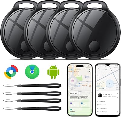 Smart Tag 4 Unidades para Android e iOS, Bluetooth Tracker para Llaves, Maletas, Cartera, Mochila y Bolso, Tracker Tag 120 dB, Red de Búsqueda Global, Compartición Familiar, IP67, Sin Suscripción