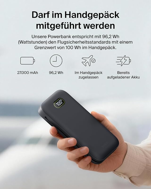 UltraCharge Pro Powerbank 27000mAh, Power Bank mit Integriertem USB-C-Kabel, 240W USB-C PD, Akkupack mit Schnellladefunktion für MacBook Pro, iPhone, iPad, Galaxy, Pixel usw. – Anthrazit
