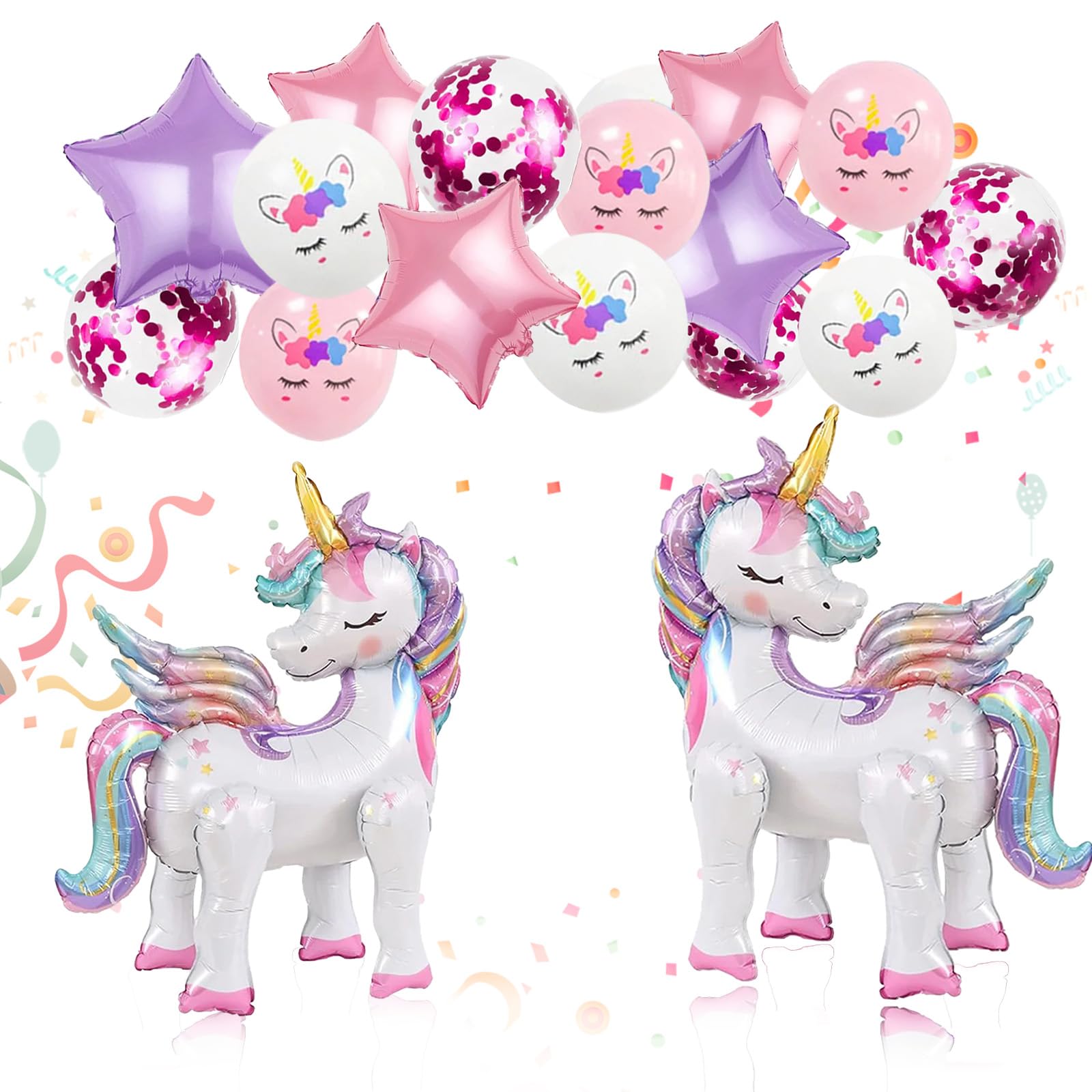 Photo 1 of 16 Pcs Unicorn Balloons Kit for Birthday Party Decorations - 2 Self Standing 3D Foil Unicorns, 4 Stars & 10 Printed Latex with Tying Tool (No Helium Needed)