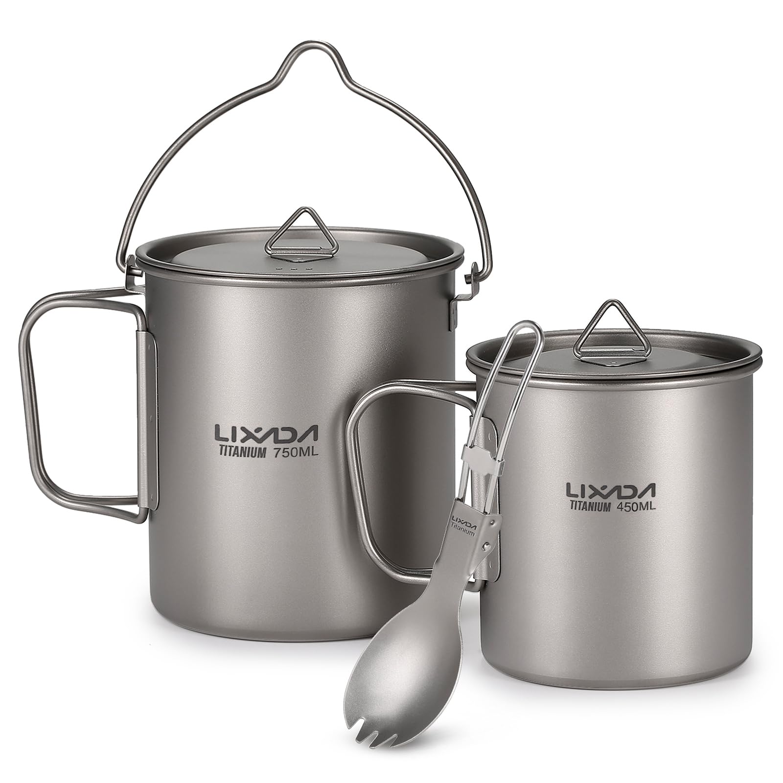 Lixada Titanium Pot Water Cup 3 Piece Set 750ml Pot and 450ml Water Cup Mug with Lid Collapsible Handle Folding Spork