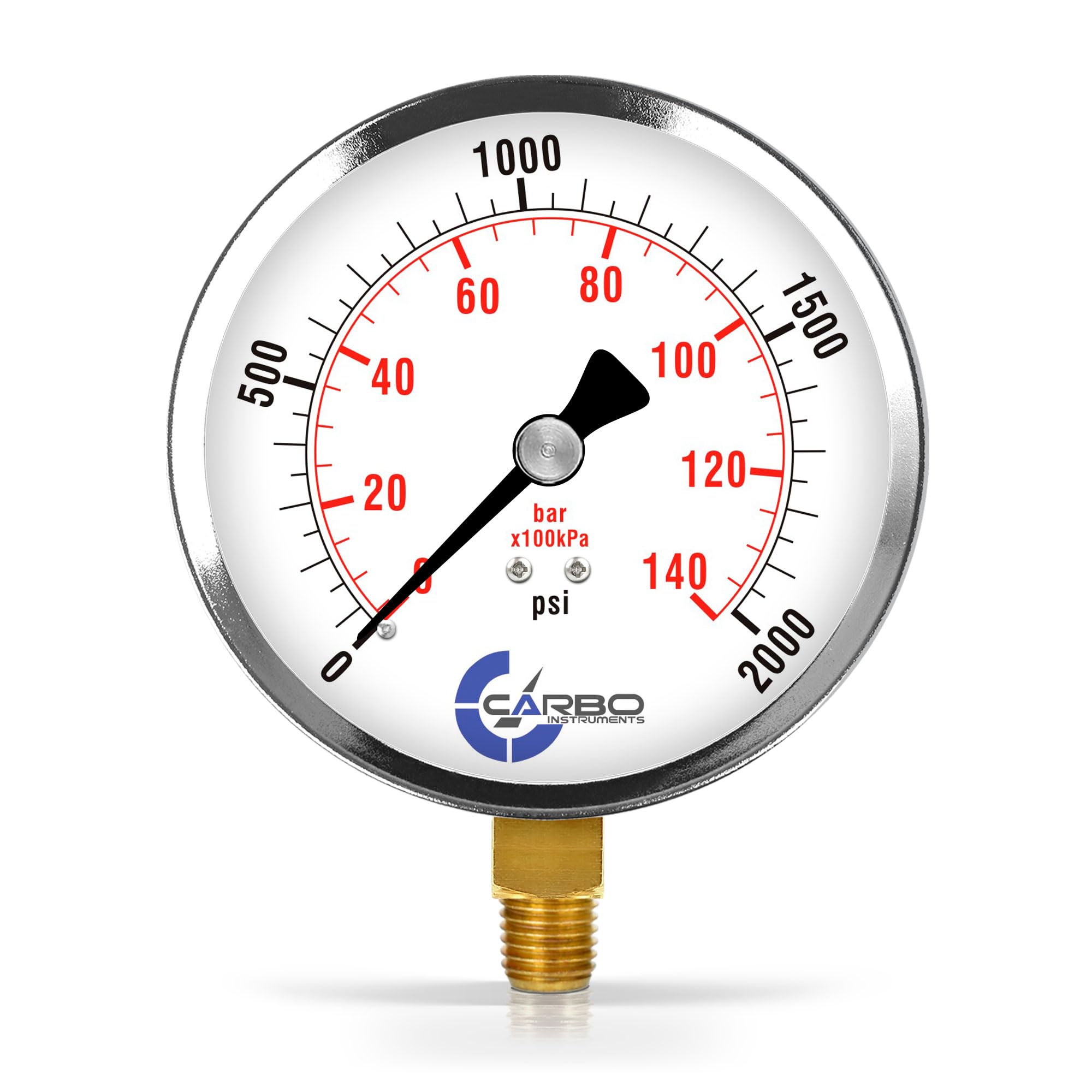 CARBO Instruments 4" Pressure Gauge, Chrome Plated Steel Case, Dry, 0-2000 psi/kPa, Lower Mount 1/4" NPT