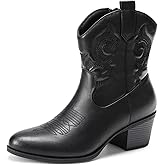 DREAM PAIRS Women's Western Cowboy Cowgirl Embroidered Ankle Boots Fashion Low chunky Heel Round Toe Fall Short Booties Shoes