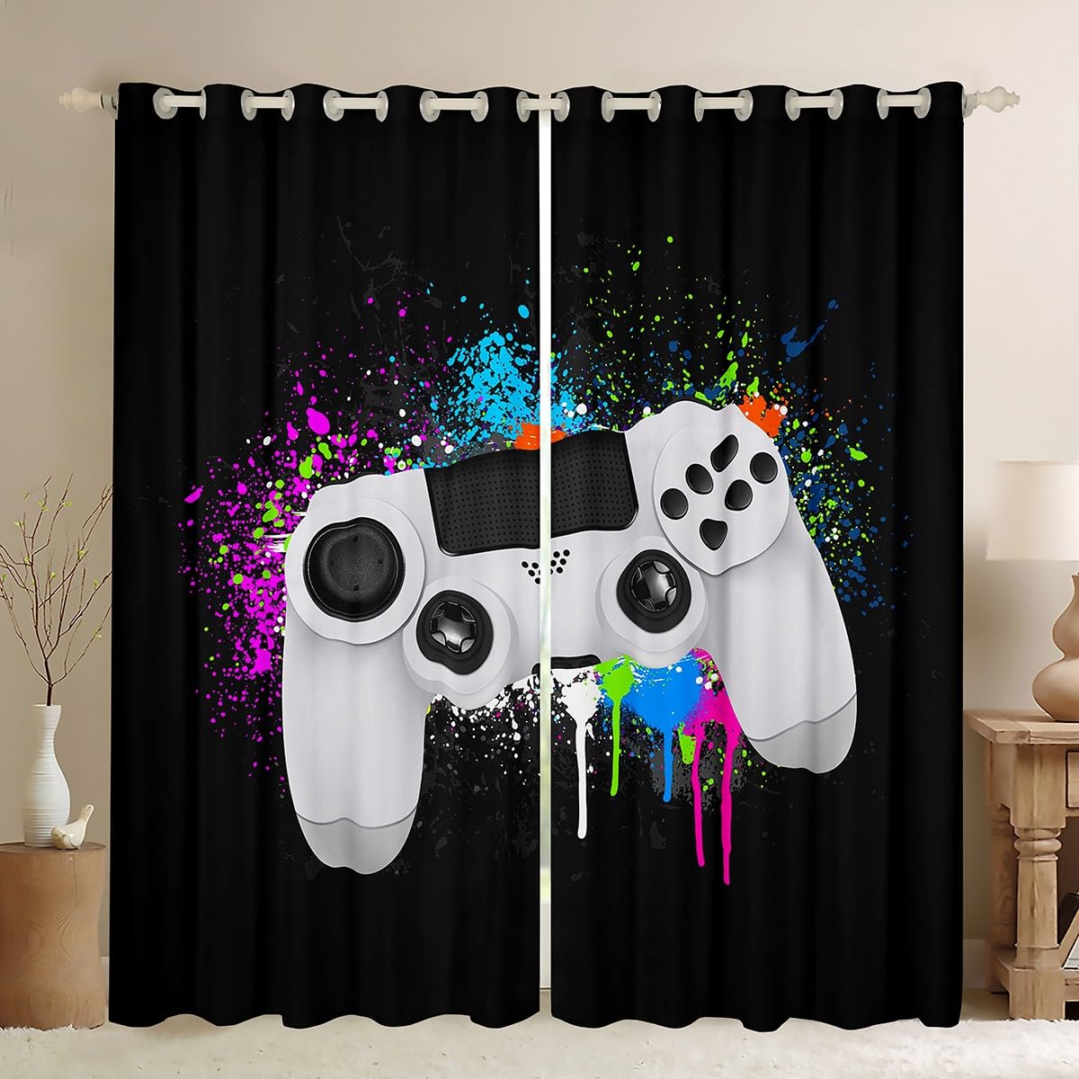 Loussiesd Kids Gamepad Curtains Gamer Window Treatments for Boys Girls Childre White Video Game Controller Window Drapes Teens Colorful Tie Dye Window Curtain Black Room Decor W46*L72