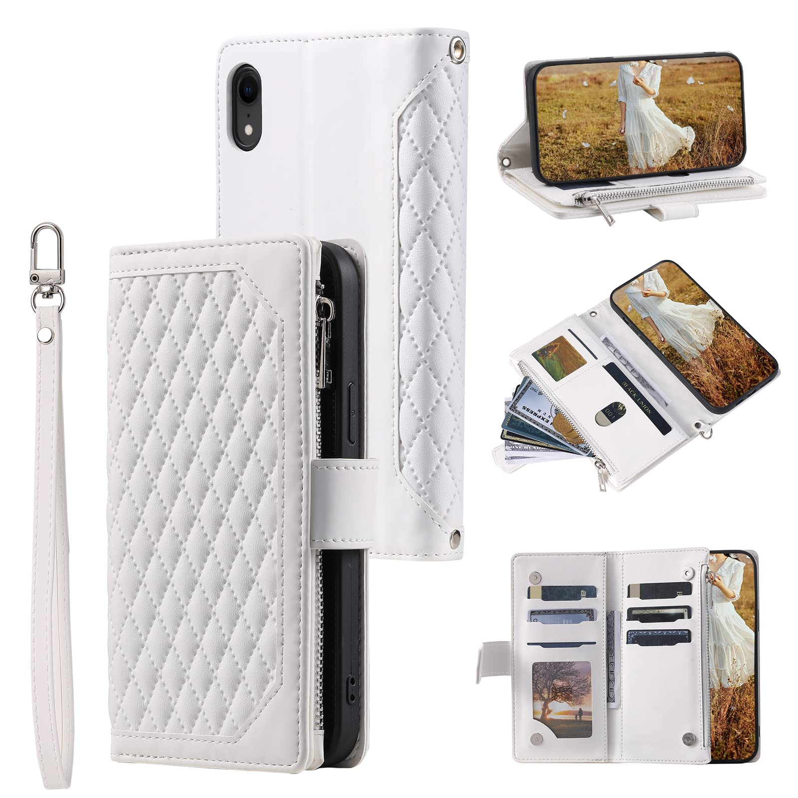 QLTYPRI Wallet Case for iPhone XR(6.1 inch),Luxury Quilted PU Leather Wallet Case with Card Slots for Women,Magnetic Zipper Purse Case with Wrist Strap Kickstand Shockproof Flip Cover -White