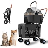 Rkrouco Foldable Double Pets Stroller for Dog Cat with Detachable Carrier | Black Color, Portable Pet Stroller with Detachable Carrier, Flexible Lockable Wheels, Lightweight Jogger Cart for Dogs Cats