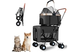 Rkrouco Foldable Double Pets Stroller for Dog Portable Cat Strollers for Small Medium Pet with Detachable Carriers Flexible Lockable Wheels Lightweight Dogs Jogger Strolling Cart Up to 77Lbs (Black)