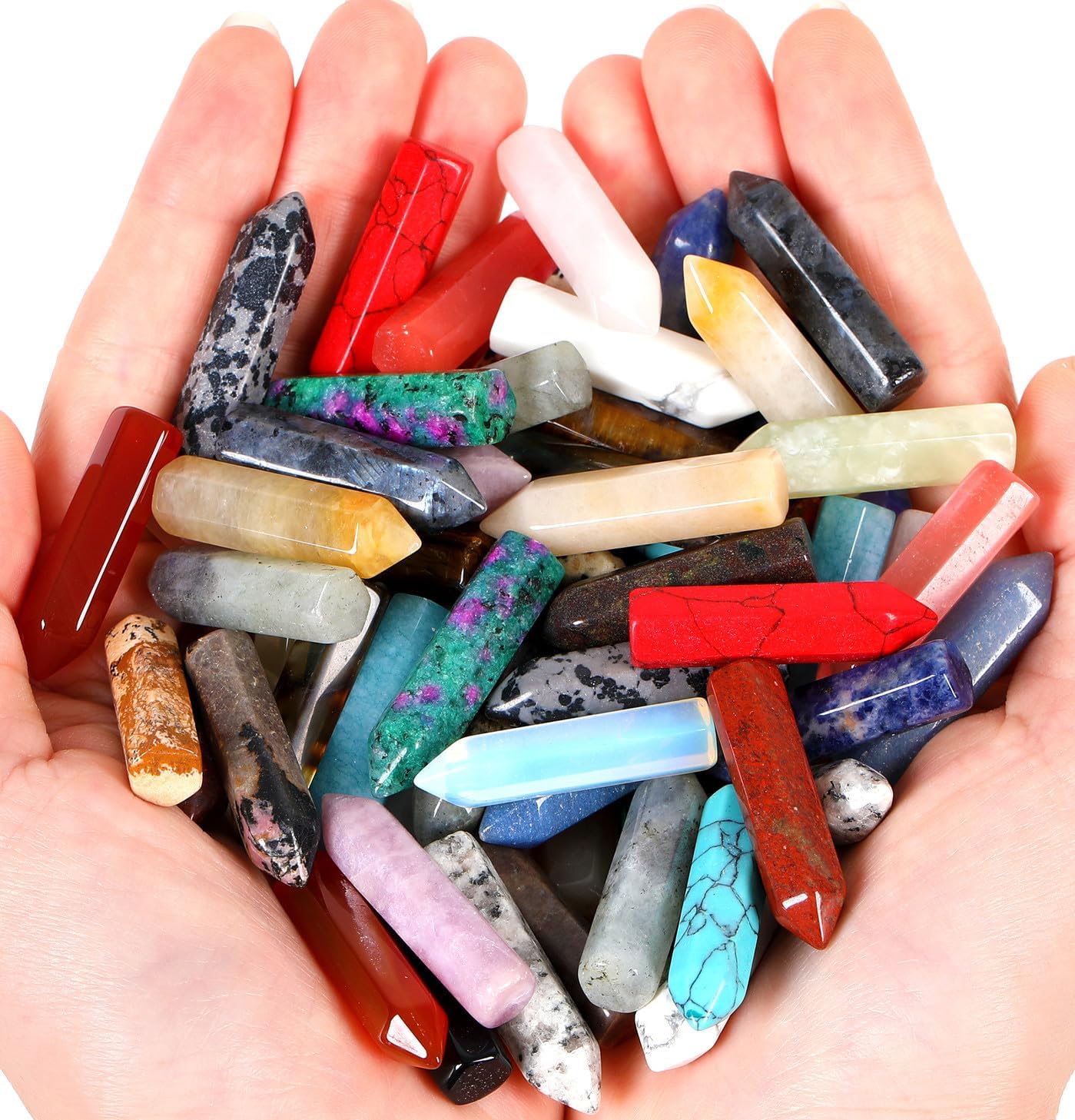 Indoor Fountains & Accessories - QINJIEJIE 64PCS Crystals Wands Stones Set Bulk Crystal Points Rose Quartz Amethyst Tiger Eye Gemstones Hexagonal Polished Indoor Fountain Chakra Stone Decor for Garden Energy Balancing Witchcraft