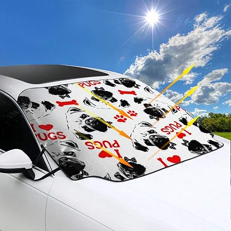 Amazon サンシェード 黒赤と白のパグ犬のパターン 車用 フロントガラス 遮光 断熱 吸盤付き 簡単着脱 丈夫で長持ち 収納ポーチ付き サンシェード 車 バイク