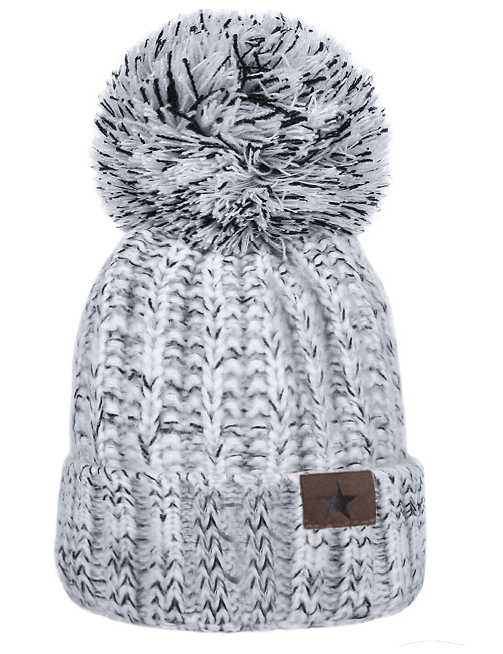 EVRFELAN Winter Fox Pompom Beanie Cable Knit Warm Hat Ribbed Ski Skull Cap (Grey)