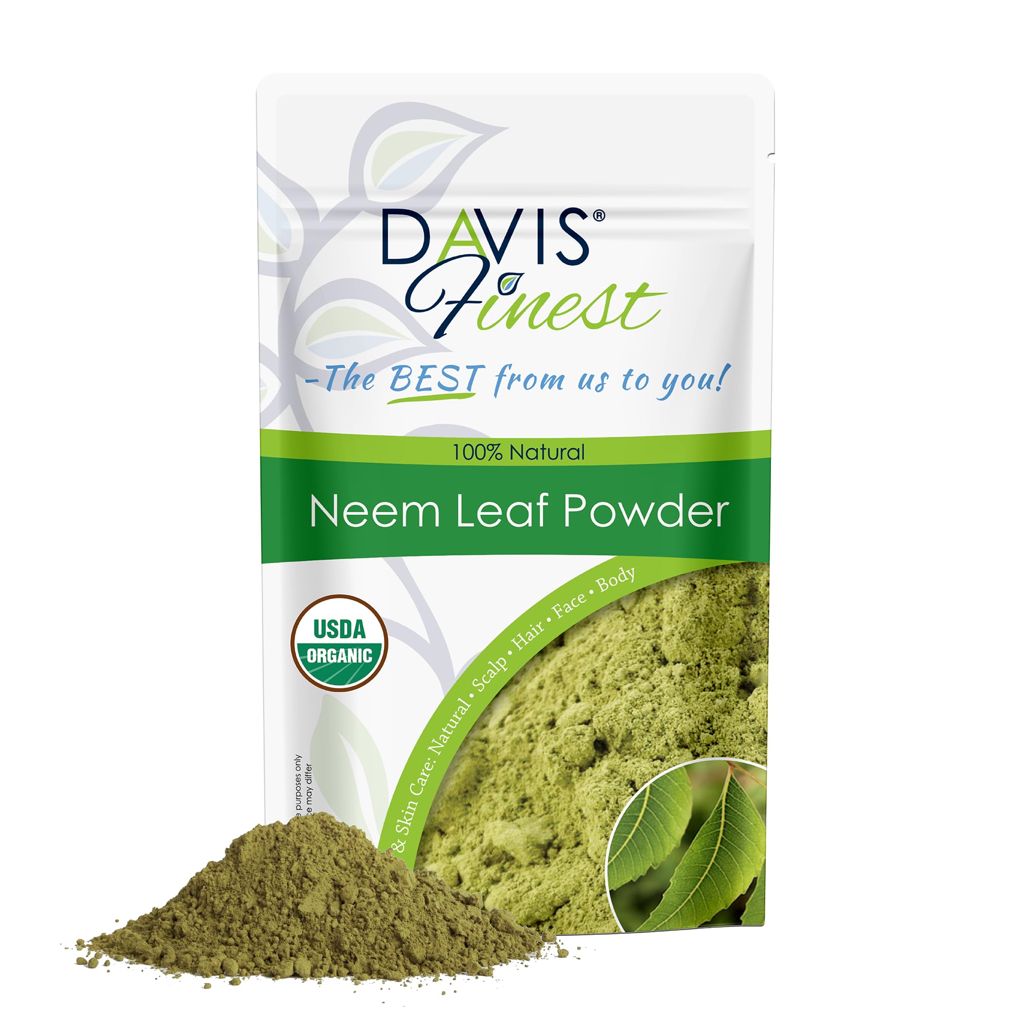 Davis Finest - Neem Leaf Powder, 100g - Organic Hair & Skin Care - Anti-Fungal, Anti-Dandruff, Anti-Itch - Ayurvedic Herbal Powder for Hair Growth, Face & Body Masks - Natural, Vegan & Chemical-Free