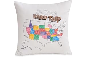 MANWU Let's go a Road Trip USA Map Coloring Pillowcase with Fabric Markers (Insert NOT Included), DIY Color US States Visited Map Travel Tracker Pillow sham Cover case for Adventure RV Camper（18x18 inch）
