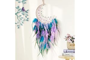 TEESHLY Moon Dream Catcher - Handmade Crescent Design Dreamcatchers for Room Wall Decor, Feather Hanging Boho Ornament for Home Decoration Festival Gift (Teal-Purple)