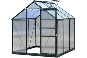 Outsunny 6' x 6' Greenhouse for Outdoors, Polycarbonate Greenhouse with Rain Gutter and Roof Vent, Aluminum Walk-in Green Houses for Outside for Patio Backyard Garden, Dark Green