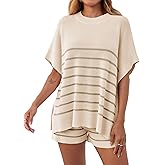 Fisoew Women's Striped 2 Piece Outfits Oversized Batwing Short Sleeve Tops High Waisted Shorts Summer Knit Lounge Short Sets