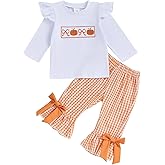 Rourufy Toddler Baby Girl Halloween Outfit Bow Pumpkin T Shirt Plaid Bell Bottoms Set Girls Top Flare Pants Fall Clothes