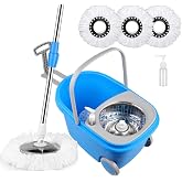 Spin Mop and Bucket with Wringer Set, 3 Washable Microfiber Pads Included for Floor Cleaning, Adjustable Stainless Steel Handle, Easy Moving with Wheels, Blue