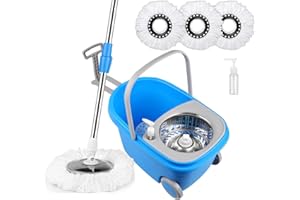 HYZSWGC Spin Mop and Bucket with Wringer Set, 3 Washable Microfiber Pads Included for Floor Cleaning, Adjustable Stainless Steel Handle, Easy Moving with Wheels, Blue
