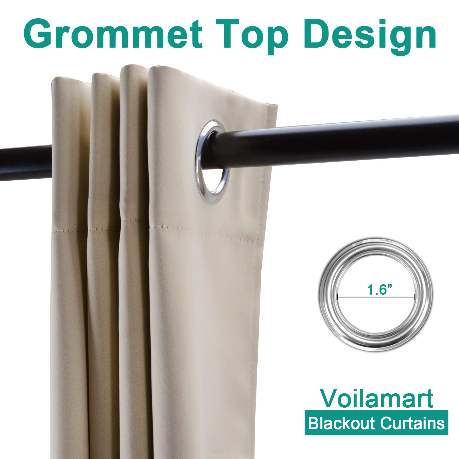 Voilarmart Blackout Curtains 52 x 63 Thermal Insulated Light Reducing Grommet Top Window Curtain Set for Bedroom, Living Room,2 Panels - Beige