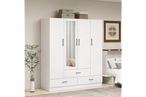 WonderWard Armoire Wardrobe Closet, Closet Cabinet with Storage Cabinet, Wardrobe Cabinet with 4 Doors, Bedroom Armoires with Storage Drawers, White Wardrobe with Hanging Rod(71" H x 63" W x 20" D)