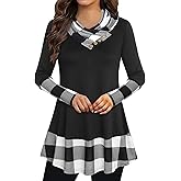 Bebonnie Cowl Neck Tunics Long Sleeve Patchwork Form Fitting Casual A-Line Top Blouse