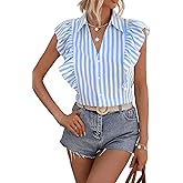 WDIRARA Women's Striped V Neck Button Front Top Ruffle Cap Sleeve Shirt Casual Blouse