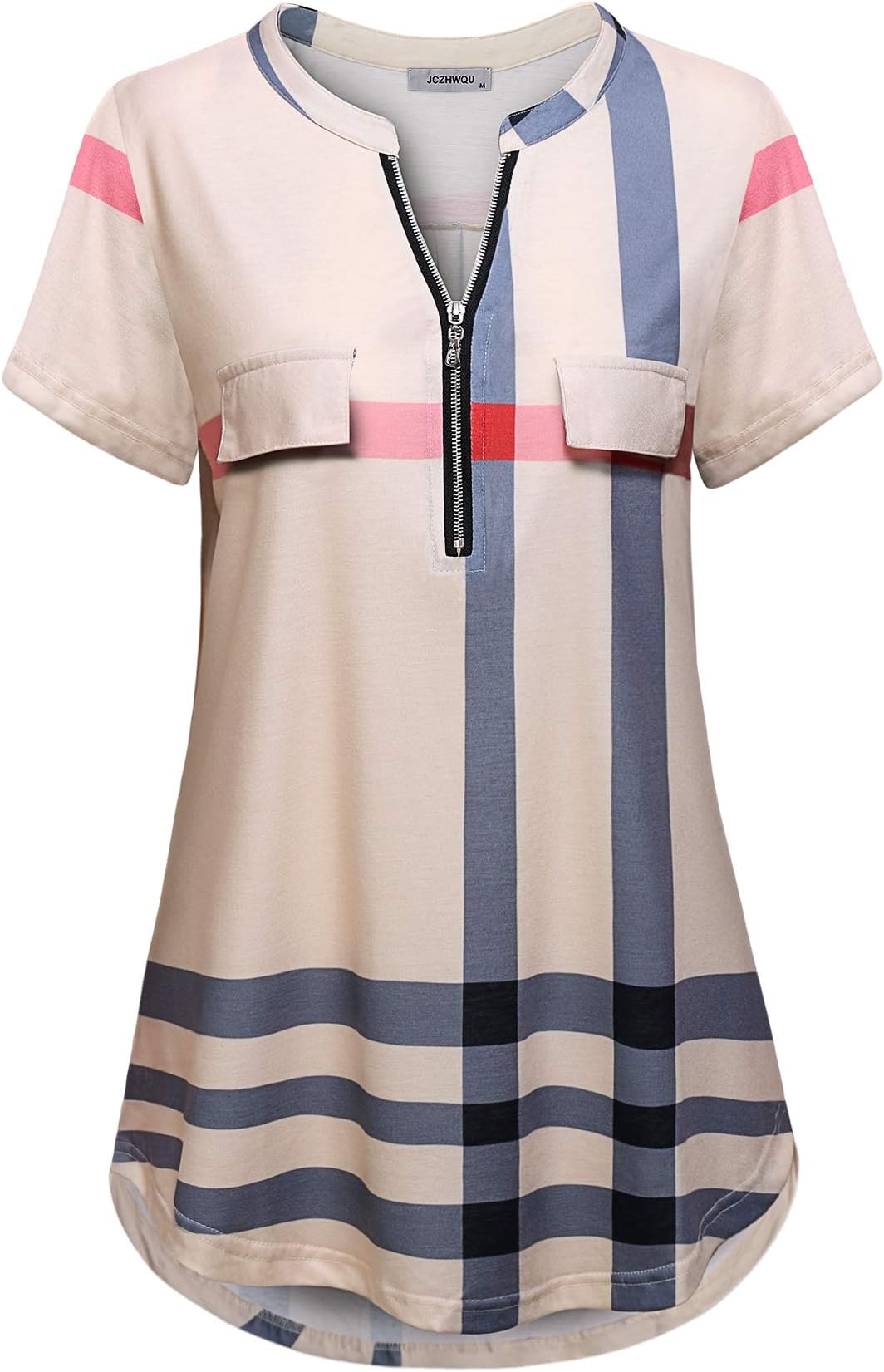 Women's Zip Up V Neck Short Sleeve Casual Tunic Shirt