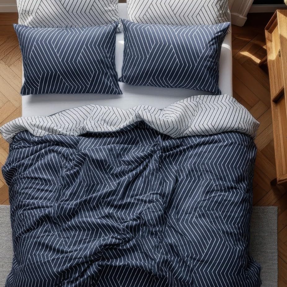 LERUUM Single Bed Duvet Cover Set Cotton Boys Bedding Single Reversible Navy Blue Striped White Bedding Quilt Cover Single (Toddler Duvet Cover)