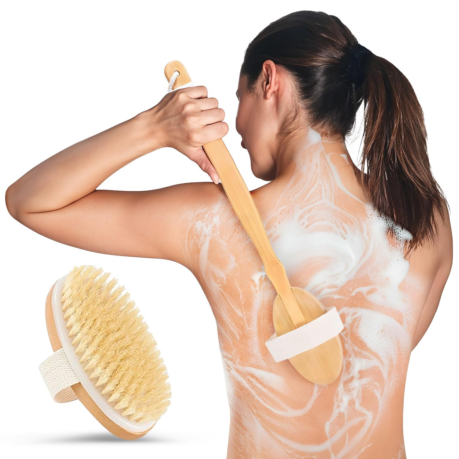 rengöra Long Handle Back Scrubber for Shower - Natural Boar Bristle Body Brush for Effective Dry Brushing and Bath - Ergonomic Wooden Handle with Removable Brush Head for Full Body Scrubbing
