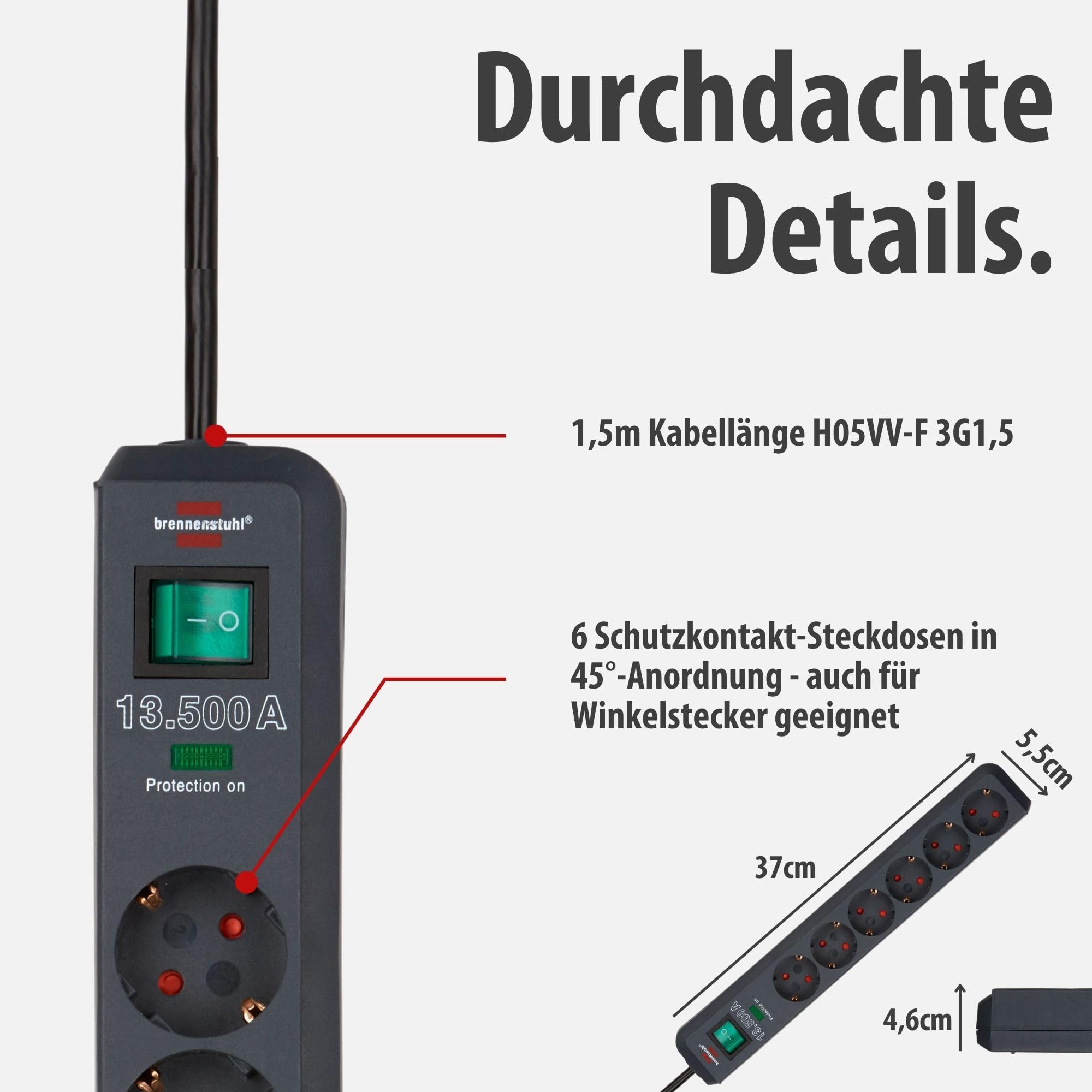 Brennenstuhl Eco-Line Steckdosenleiste 6-Fach mit Überspannungsschutz (Mehrfachsteckdose mit Schalter, 1,5m Kabel und erhöhtem Berührungsschutz) anthrazit 4