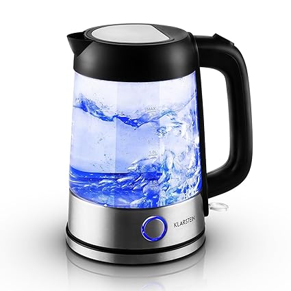 Klarstein Tiefblau Wasserkocher Wasserkessel (2200 Watt, 1,7 Liter, blaue LED-Beleuchtung, Cool-Touch-Griff) schwarz-silber