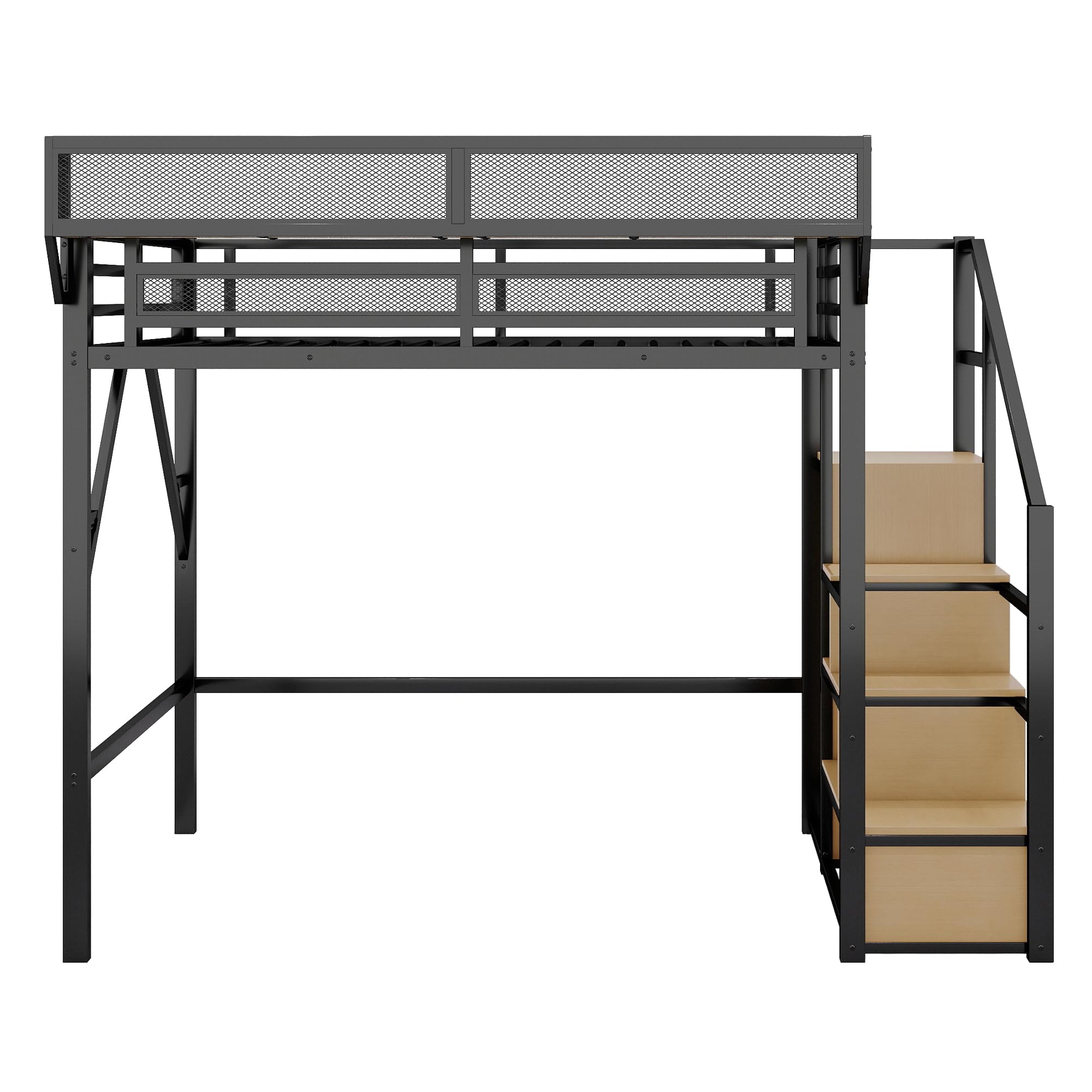 Photo 1 of KEIKI Full Size Metal Loft Bed Frame with Convertible Staircase, Built-in Storage Shelves & Wardrobe, Loft Bed with Solid Slats & Guardrail, No Box Spring Required, Easy Assembly, for Bedroom, Black