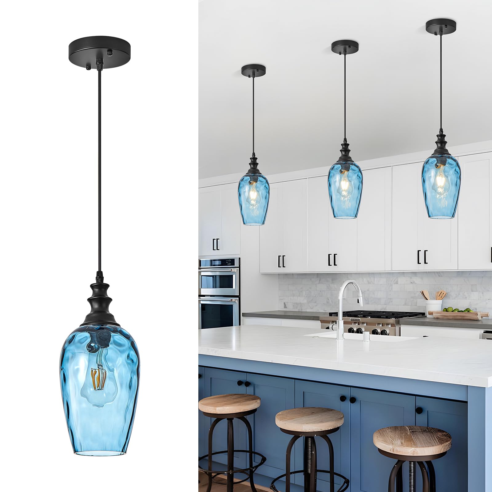 Photo 1 of AIBISOD Pendant Lights Kitchen Island, Hanging Lighting Fixtures Dark Blue Water Ripple Glass Lamp Shade Black Pendant Light Fixtures for Kitchen Island Bedroom Living Dining Room Light Fixture