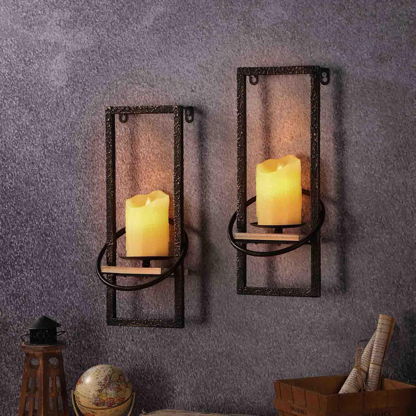Photo 1 of GAKA Wall Sconce Candle Holder Set of 2 Wall Mount Metal Candle Holders Iron Wood Candle Holders Hanging Iron Hanging Wall Holders Decorative,Black
