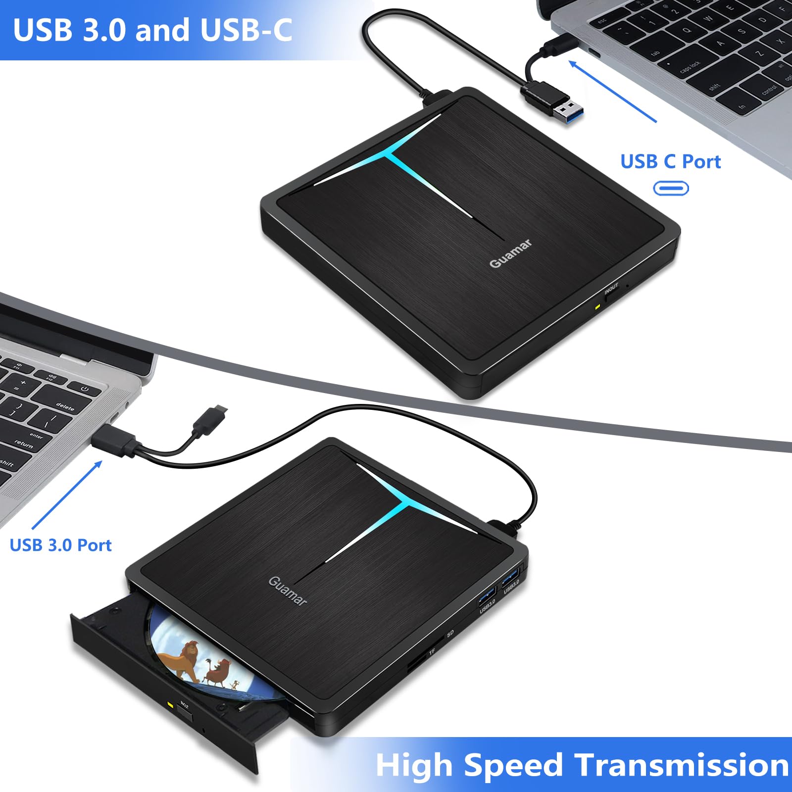 Guamar External CD/DVD Drive for Laptop, USB 3.0 USB-C DVD Player CD Burner with 2 USB Ports SD TF Slot, Portable CD DVD ROM Drive Disk Reader Writer for PC Mac MacBook Windows 11 Linux