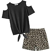 Arshiner Girls Short Sets 2 Pieces Outfits Short Sleeve Tie Knot T-Shirts and Casual Shorts With Pockets Cute Clothes Sets