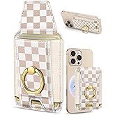 Shorogyt Compatible with Magsafe Wallet with Ring Stand Grip - Cute Magnetic Phone Wallets Card Holder for iPhone 17/16/15/14/13/12 Series for Women Girls Khaki Plaid Design, Fit 7 Cards