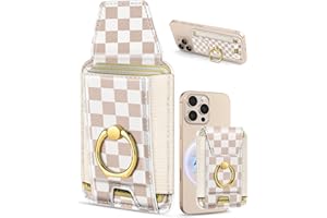 Shorogyt Compatible with Magsafe Wallet with Ring Stand Grip - Cute Magnetic Phone Wallets Card Holder for iPhone 17/16/15/14/13/12 Series for Women Girls Khaki Plaid Design, Fit 7 Cards